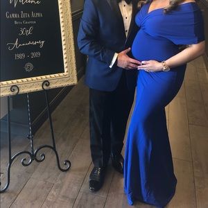 blue long off shoulder vneck formal maxi dress